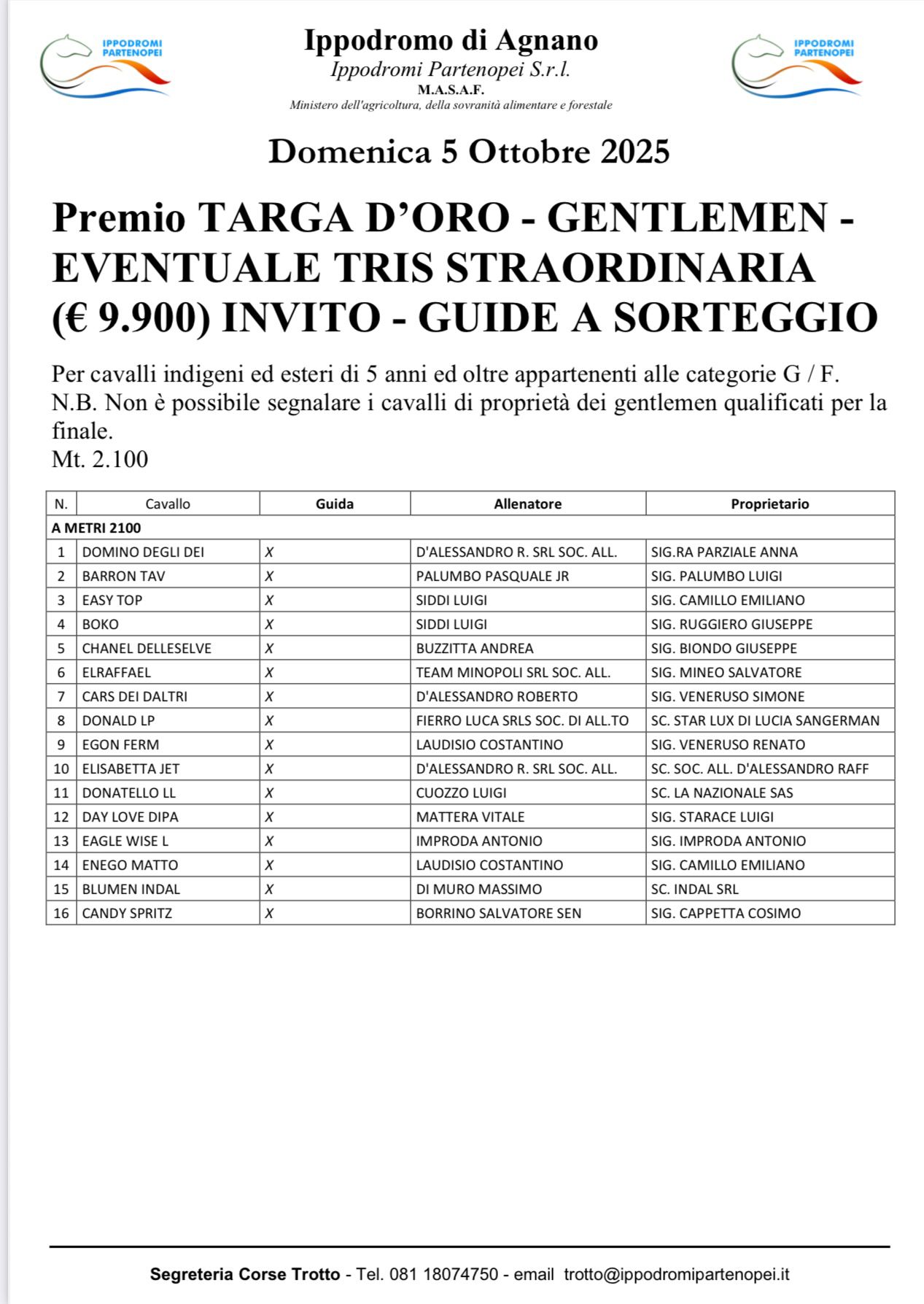59^ ED.TARGA D’ORO – I PARTENTI            eventuale TRIS STRAORDINARIA –